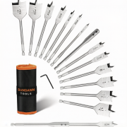 SUNDAWN 14-Piece Spade Drill Bit Set, 1/4"-1-1/2" Wood Bits Heat-Treated Carbon Steel, Three-Point Cross Cutter, 1/4" Hex Shank, 6" Tool-Free Quick-Change Extension, Storage Pouch